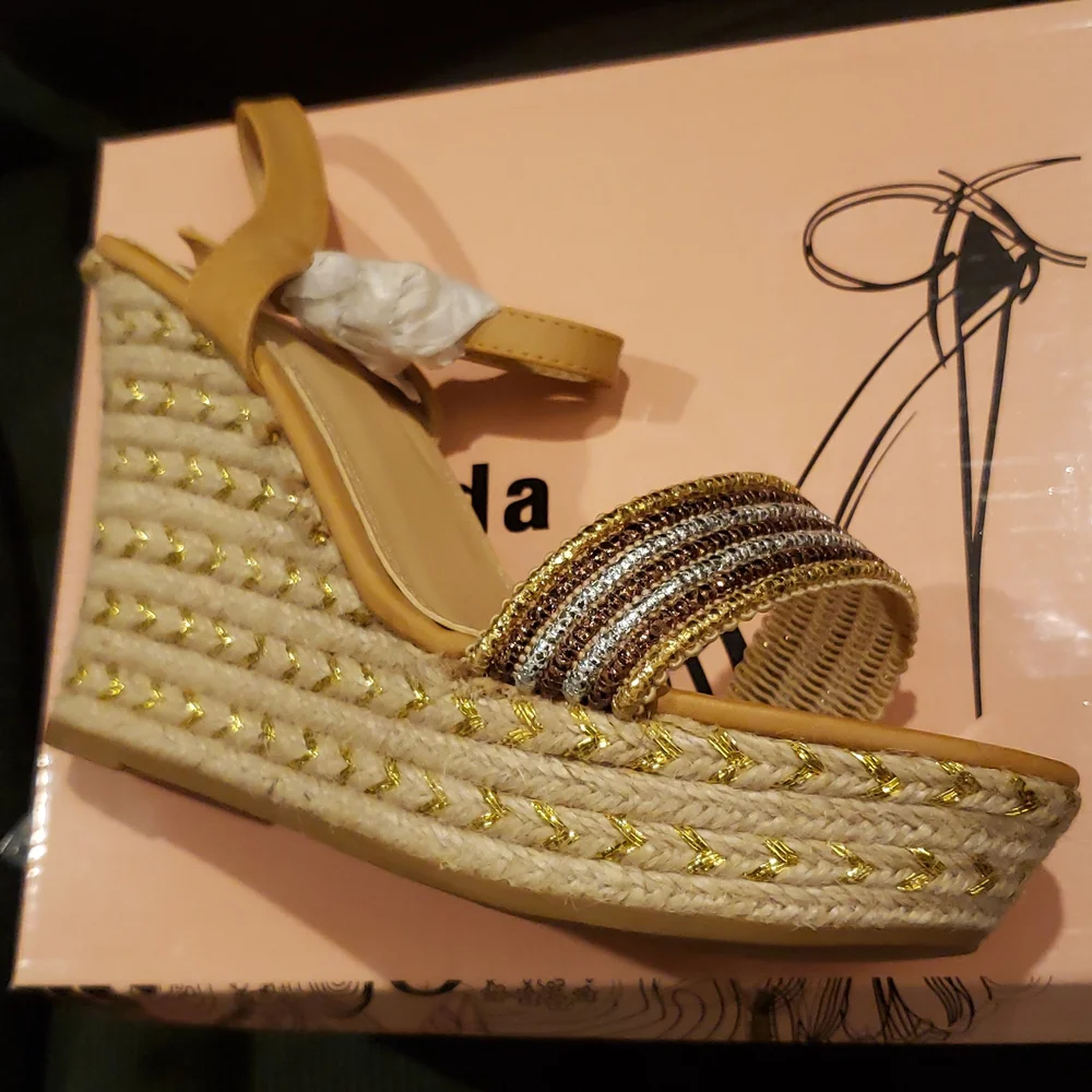 TOP Moda New ROYAL-1 Espadrille Platform Wedge Sandals Womens 10 NWT Gold Silver